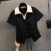 Women's Clothing Fashion Slim Irregular Drawstring Contrast Color T Shirt Top_ecoleips.com
