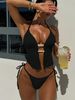 Women Textured Halter Two Piece Bikini Set, Front Cutout Pearl Decor Tie Side High Cut Swimsuit Summer Beach Bathing Suit_ecoleips.com
