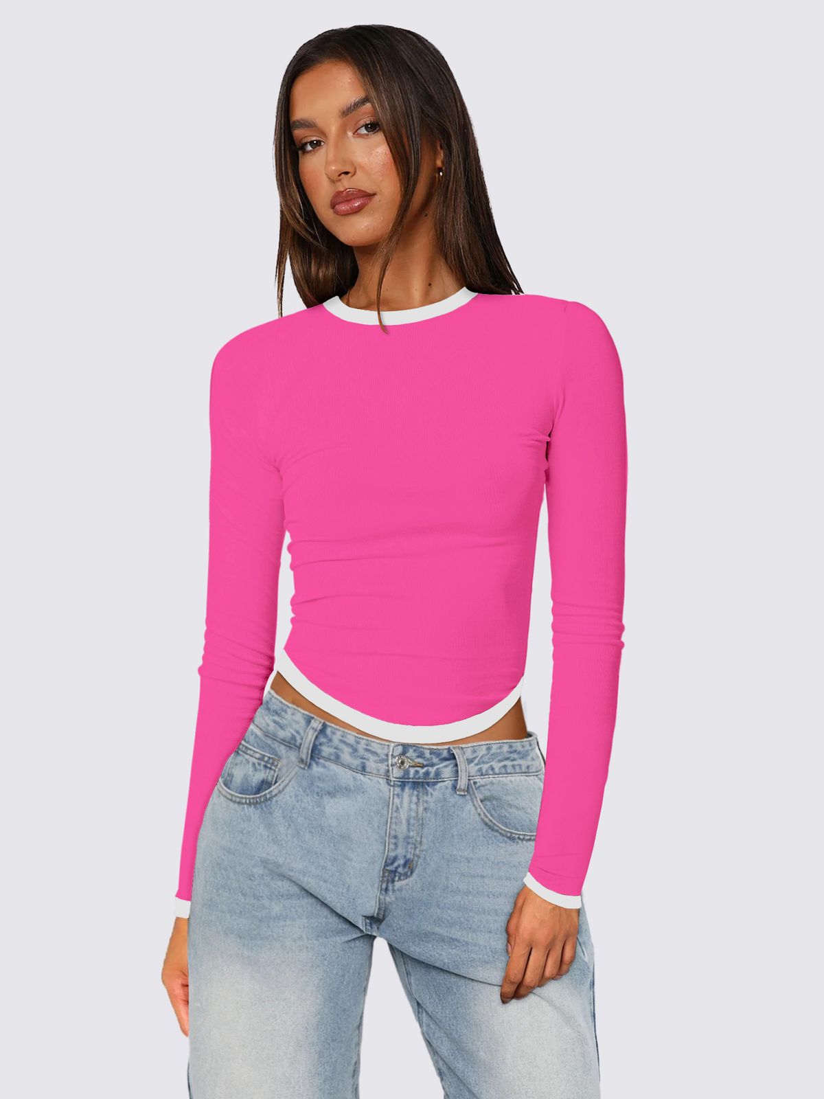 Women's Long Sleeve round Neck Slim Fit Color Block Short Pullover Top European And American Style Autumn Winter New Arrival_ecoleips.com