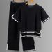 Women's Fashion Two Piece Set Short Sleeved Contrasting Color Slit Sweater High Waist Slim Wide Leg Pants Trousers_ecoleips.com