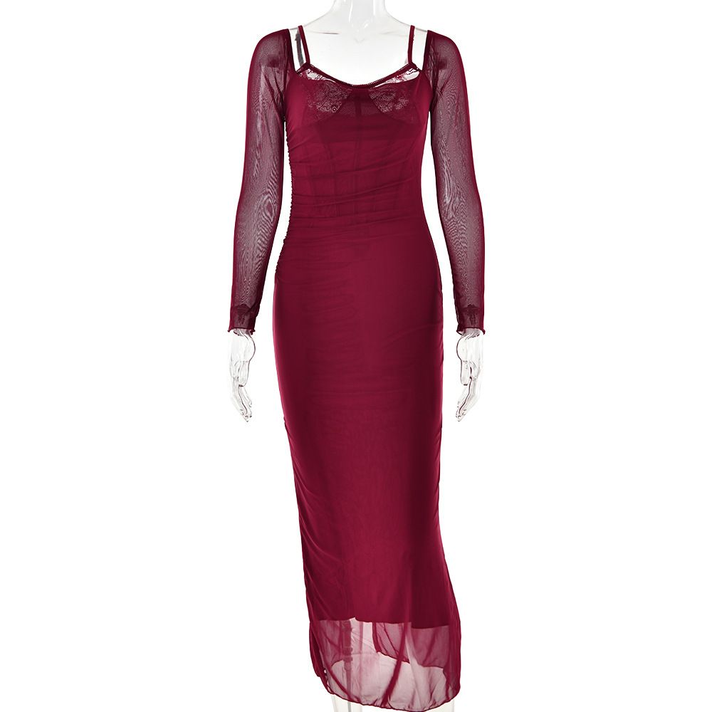 Women's Clothing Spring And Summer Long Sleeved Suspender Dress Sexy Backless Tight Slit Long Skirt_ecoleips.com