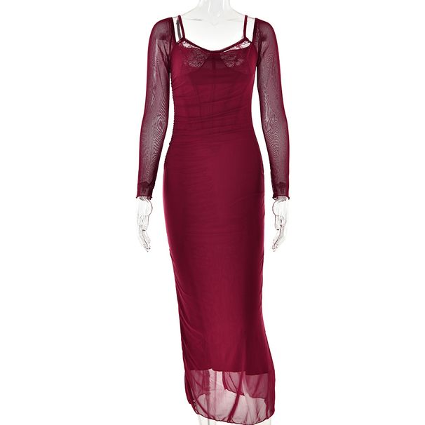 Women's Clothing Spring And Summer Long Sleeved Suspender Dress Sexy Backless Tight Slit Long Skirt_ecoleips.com