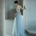 Elegant Banquet Evening Gown Long Sleeved French Style Tulle Blue Super Fairy Style Women's Party Wear For Annual Meeting Host Performance_ecoleips.com
