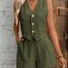 Summer Vest And Shorts Set For Women – Button Front Camisole & 3/4 Shorts, Breathable Linen Blend, Casual Streetwear_ecoleips.com