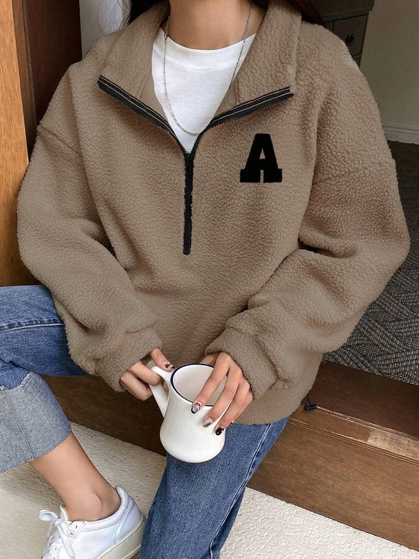 Women's Fleece Stand Collar Pullover Hoodie With Embroidery Letter Print, Cozy Loungewear For Fall & Winter, Casual Streetwear, Loose Fit, XS-XXL_ecoleips.com