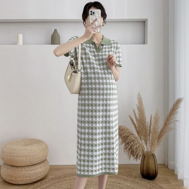 Summer New Korean Fashion Plaid Ice Silk Maternity Dress_ecoleips.com