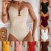 Women Textured Tummy Control One Piece Swimsuit, Halter Cutout Gold Hardware Bathing Suit Slimming High Cut Swimwear For Beach Vacation_ecoleips.com