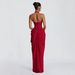 Elegant Style Long Evening Gown Halter Neck Deep V Front Pleated Bodycon Dress With Slit Diagonal Pleats For Women_ecoleips.com