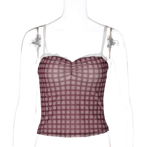 Summer Plaid Print Lace Trim Camisole Top For Women Style New Women's Clothing_ecoleips.com