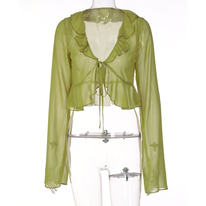 Summer Ruffled Trim Tie Neck Long Sleeved Transparent Top for Women European And American Style Wholesale Foreign Trade_ecoleips.com