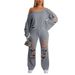 Edgy Two-Piece Streetwear Set – Distressed Ripped Jeans & Off-Shoulder Hoodie, Oversized Grunge Outfit For Women_ecoleips.com