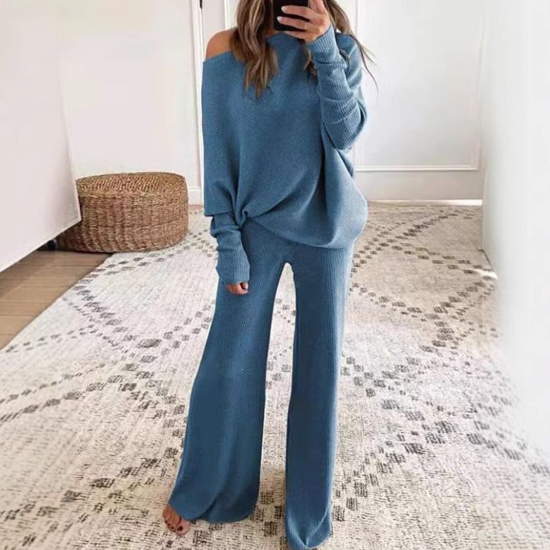 Women's Autumn Winter Solid Color Casual Batwing Sleeve Top With Drawstring High Waist Wide Leg Pants Knit Two-Piece Set_ecoleips.com