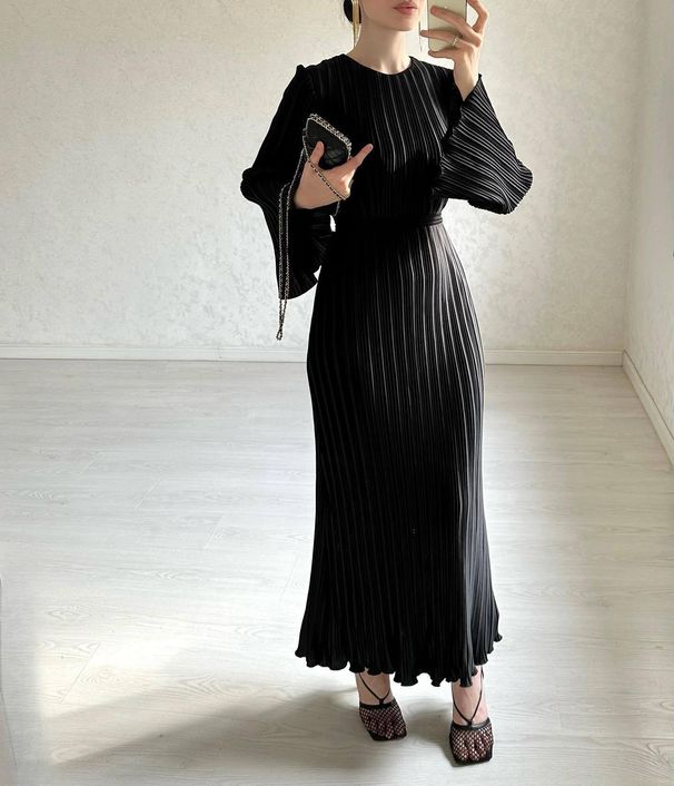 Women Elegant Pleated Midi‑Maxi Dress Flare Long Sleeve High Waist Slim‑Fit Casual Formal Party Mid‑Long Dress_ecoleips.com