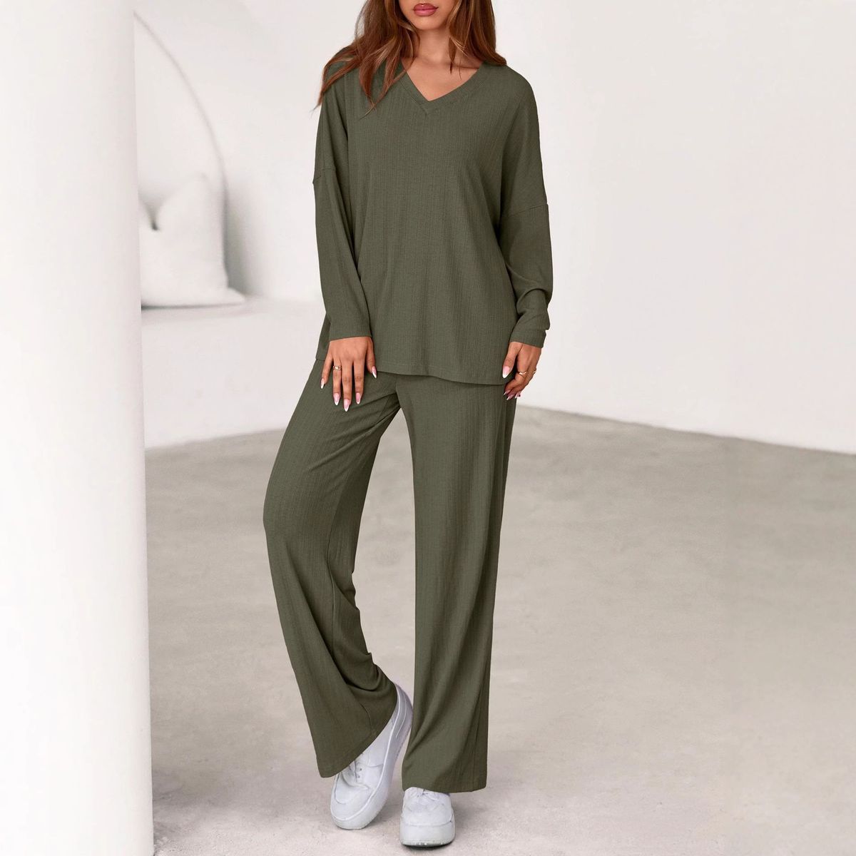 Women's Clothing Casual Two-Piece Set Long Sleeve Top & Wide Leg Pants Comfortable Loose Fit Outfit_ecoleips.com