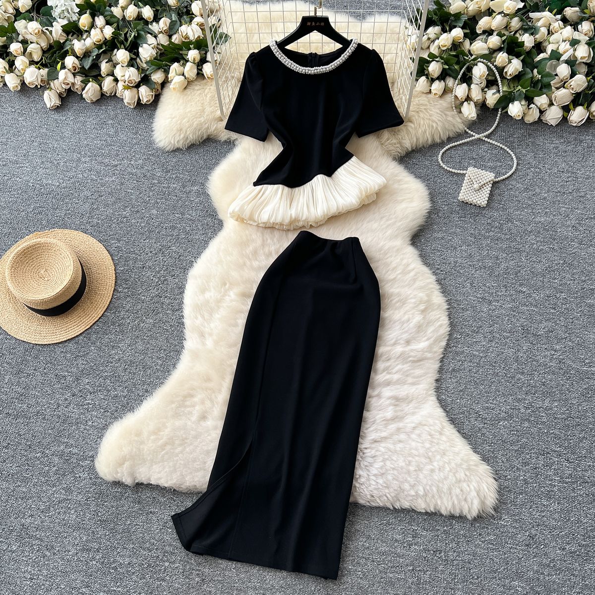 Elegant Summer Women's Outfit Set Inspired Beaded Round Neck Asymmetrical Top High Waisted Bodycon Skirt_ecoleips.com
