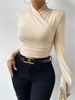 Women's Slim Fit Long Sleeve T-Shirt Cross Collar Solid Color European American Style Autumn Winter Pullover Fashion Sense_ecoleips.com