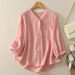 Women's Solid Color V Neck Shirt Summer New Style Fashionable And Elegant Loose Fit Top With Three Quarter Sleeve Versatile_ecoleips.com