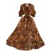 Elegant French Style V Neck Dress with Bow Printed Design Lantern Sleeves Slimming Waist Ruffled Hem for Women_ecoleips.com