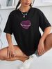 Women's Black Loose Fitting T-Shirt round Neck Short Sleeve Casual Sports Top with Letter And Heart Print European American Style Summer Wear_ecoleips.com