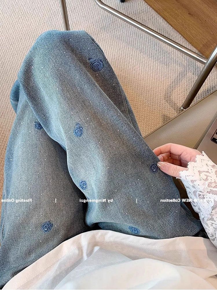2025 Fall/Winter New Style Fleece-Lined Blue Embroidered Rhinestone Jeans For Women, High-Waisted Slimming Wide-Leg_ecoleips.com