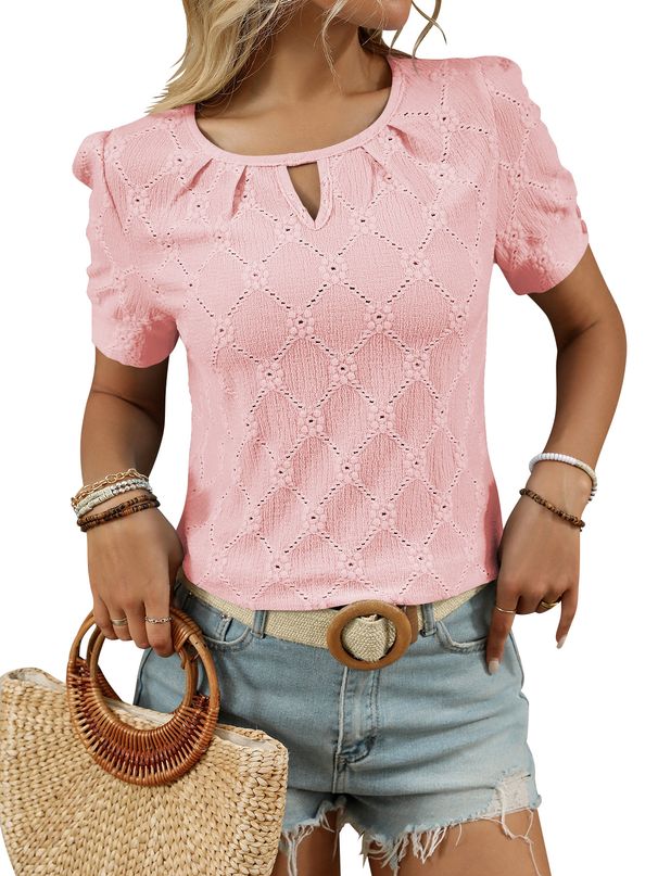 Women's Clothing Solid Color Round Neck Button Short Sleeved T Shirt Hollow Top_ecoleips.com