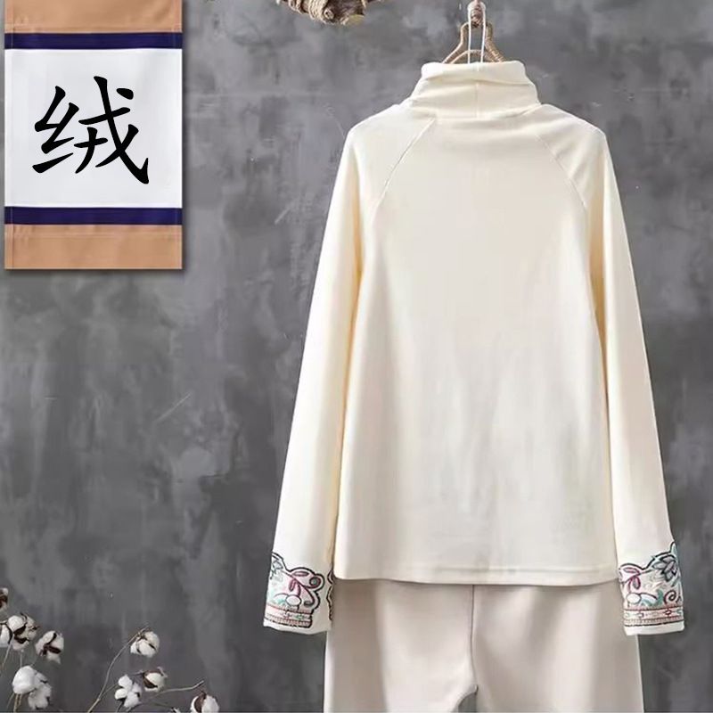 Base Layer Women's Autumn/Winter China-Style Embroidered Woolen Warm Long-Sleeved Semi-High-Neck Retro Artistic T-Shirt_ecoleips.com