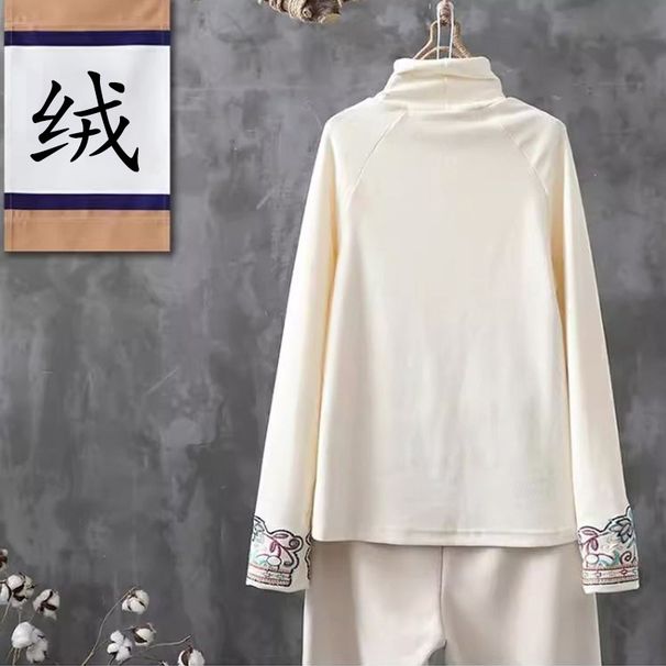 Base Layer Women's Autumn/Winter China-Style Embroidered Woolen Warm Long-Sleeved Semi-High-Neck Retro Artistic T-Shirt_ecoleips.com