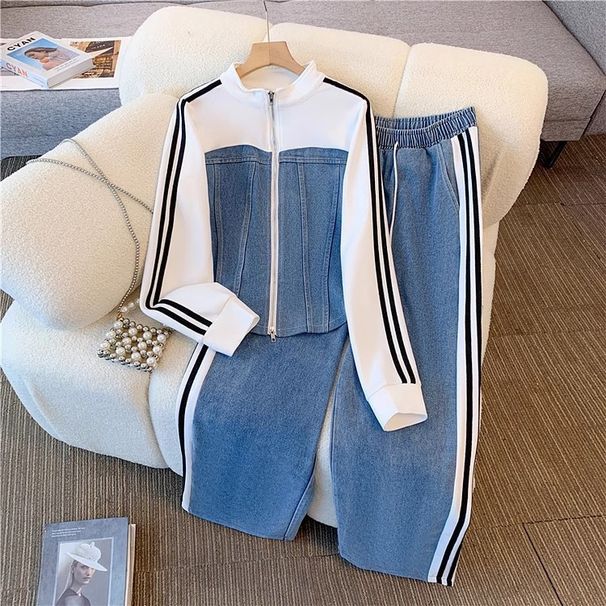 Aria Basics European American Fashion Two-piece Long-sleeve Set For Girls, Spring Autumn 2025 New Denim Patchwork Top And Wide-leg_ecoleips.com
