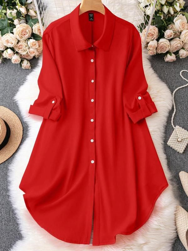 Women's Clothing Spring And Summer New Shirt Half Sleeve Loose Button Mid Length_ecoleips.com