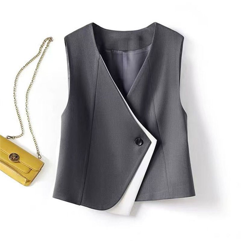 Women's Grey Suit Vest Korean Style Layered Short Sleeveless Elegant Outerwear for Spring/Autumn 2026 New Fashion_ecoleips.com