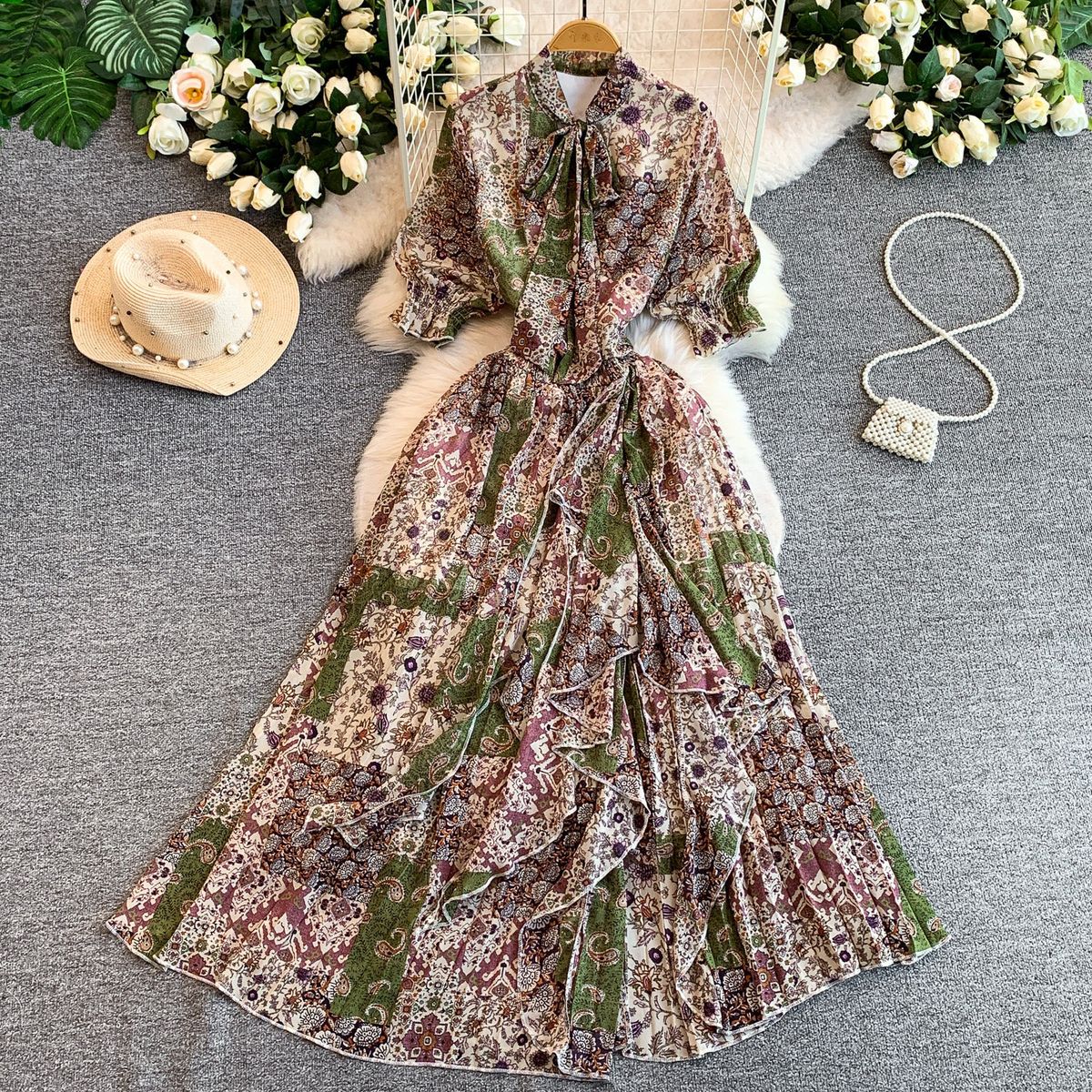 Elegant French Style V Neck Dress with Bow Printed Design Lantern Sleeves Slimming Waist Ruffled Hem for Women_ecoleips.com