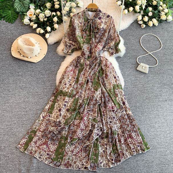 Elegant French Style V Neck Dress with Bow Printed Design Lantern Sleeves Slimming Waist Ruffled Hem for Women_ecoleips.com