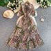 Elegant French Style V Neck Dress with Bow Printed Design Lantern Sleeves Slimming Waist Ruffled Hem for Women_ecoleips.com