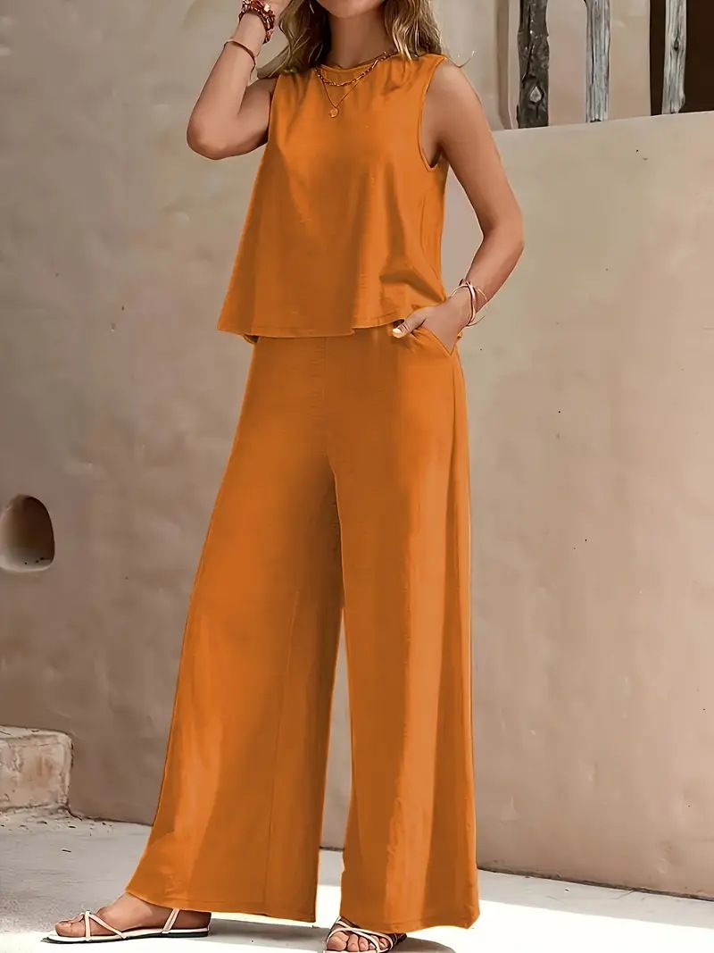 Women's Clothing Hot Selling Solid Color Elegant Two Piece Round Neck Vest And Wide Leg Pants Suit For Women_ecoleips.com