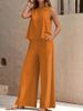 K Solid Color Elegant Two-piece Round Neck Vest And Wide Leg Pants Set For Women's Clothing. No Necklaces Or Other Accessories_ecoleips.com