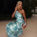 Women's Clothing Elegant Backless Halter Neck Hip Skirt Temperament Blue And White Abstract Print Long Dress_ecoleips.com
