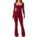 Women's Long Sleeved Jumpsuit Tummy Control High Elastic Wide Leg Square Neck Hip Lifting Cinching Waist Summer Jumpsuit_ecoleips.com