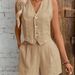 Summer Vest And Shorts Set For Women – Button Front Camisole & 3/4 Shorts, Breathable Linen Blend, Casual Streetwear_ecoleips.com