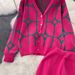 Women's Clothing Elegant Jacquard V-Neck Knit Cardigan & Pants Set Geometric Print, Long Sleeve, Stretch Comfort Fit (Rose Red/Black, S-XL)_ecoleips.com