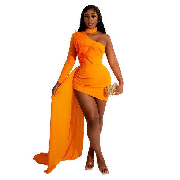 Women's Clothing Fashion Sexy Waist Off-Shoulder Ruffle Mini Dress – Bodycon Feather Trim Party Dress (Black/Orange/Navy/White, S-XXL, Euro-US Chic)_ecoleips.com