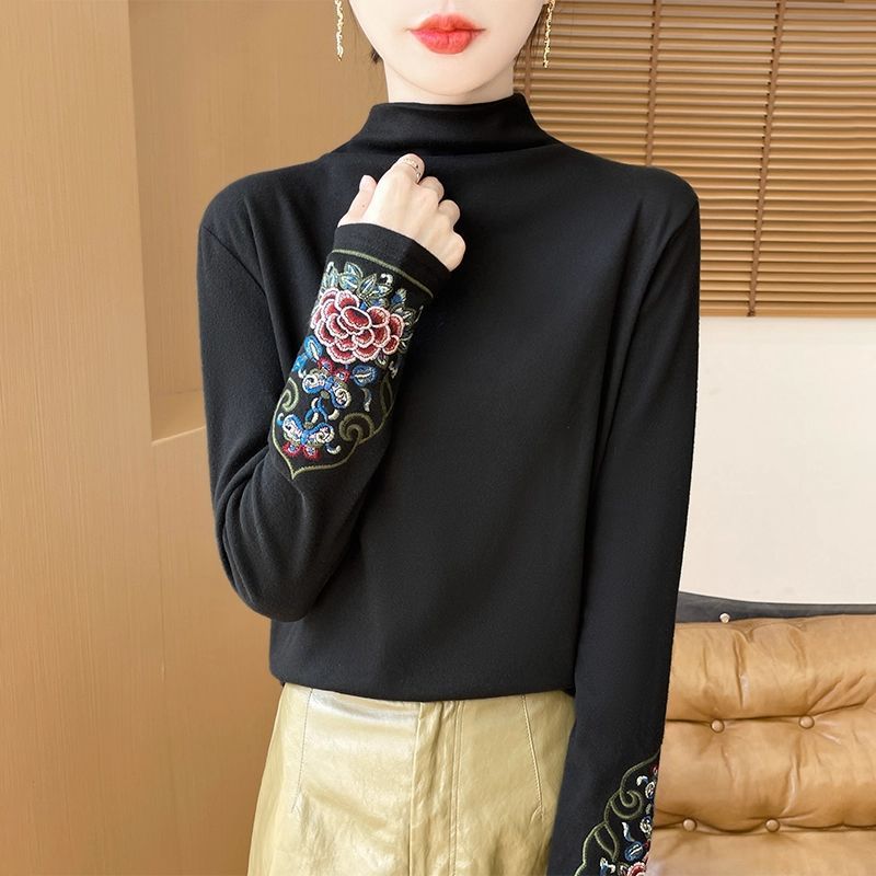 A Long-Sleeved Top With Semi-High Collar, Made Of Soft Wool Fabric, Featuring A New-Style Chinese-Inspired Embroidery De_ecoleips.com