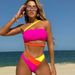 European American Style One Shoulder Color Block Bikini Set High Waisted Swimsuit Sexy Hollow out Two Piece Summer Vacation Swimwear_ecoleips.com