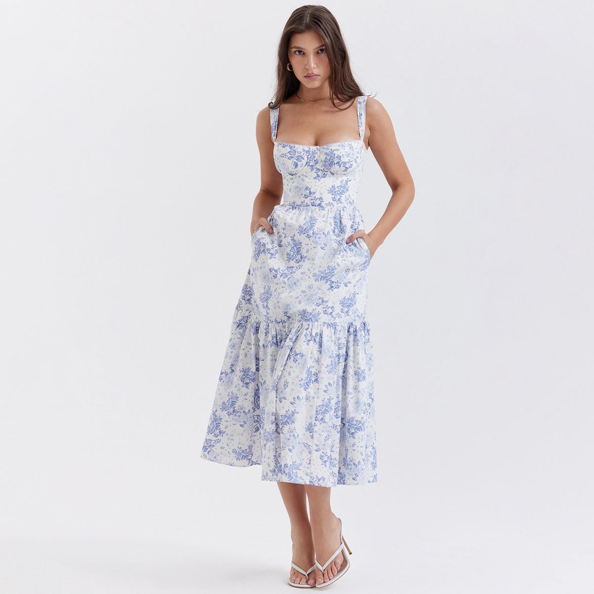 Cross-border Foreign Trade European And American Style Summer New Long Printed Suspender Dress, Off-shoulder Pleated_ecoleips.com