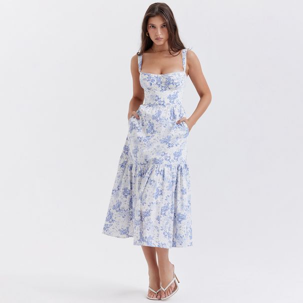 Cross-border Foreign Trade European And American Style Summer New Long Printed Suspender Dress, Off-shoulder Pleated_ecoleips.com