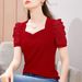 Women's Ice Silk Short Sleeve T-Shirt – French Courtly Style With Puff Sleeves, Breathable & Stretchy Summer Top For Casual & Elegant Looks_ecoleips.com
