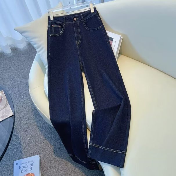 Dark Blue Soft Denim Wide-leg Pants For Women, Spring/autumn 2025 Model, High-waisted, Slimming, Versatile, Loose,_ecoleips.com