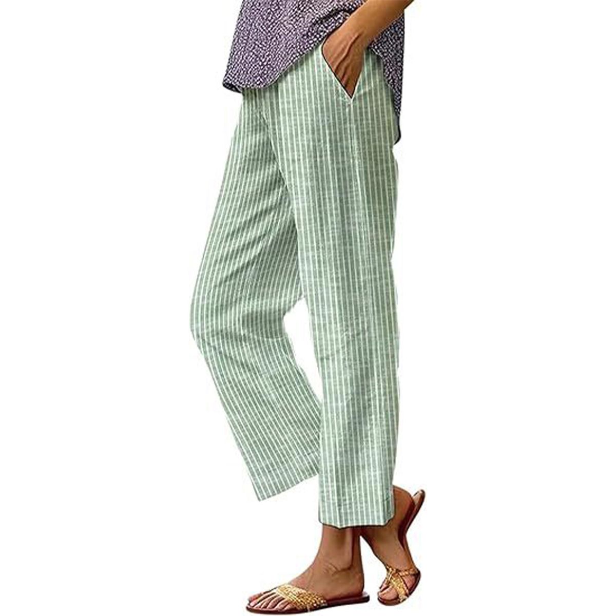 Women's Loose Straight Striped Trousers Cotton Linen Elastic Waist Pocket Design New_ecoleips.com