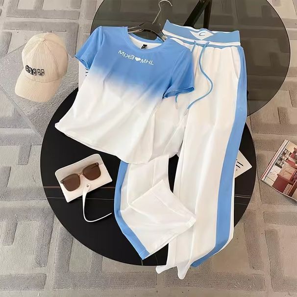 Women's Clothing Fashion Sportswear High-end Online Celebrity Leisure Suit Women's Gradient Color Short-sleeved Top Straight Pants Two-piece Suit_ecoleips.com