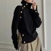 Women's Clothing Autumn Winter Decorative Button High Neck Sweater - Soft Acrylic Blend, Loose Fit, Long Sleeve, Casual Elegant Style (Black/Red)_ecoleips.com