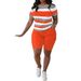 Plus Size Women's Clothing Striped T-Shirt Set Pullover Short Sleeve Letter 3D Printed Shorts_ecoleips.com